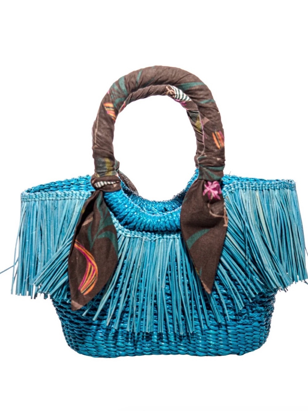 New sensi studio mini frayed handbag blue straw Woven Tote Bag Scarf handles